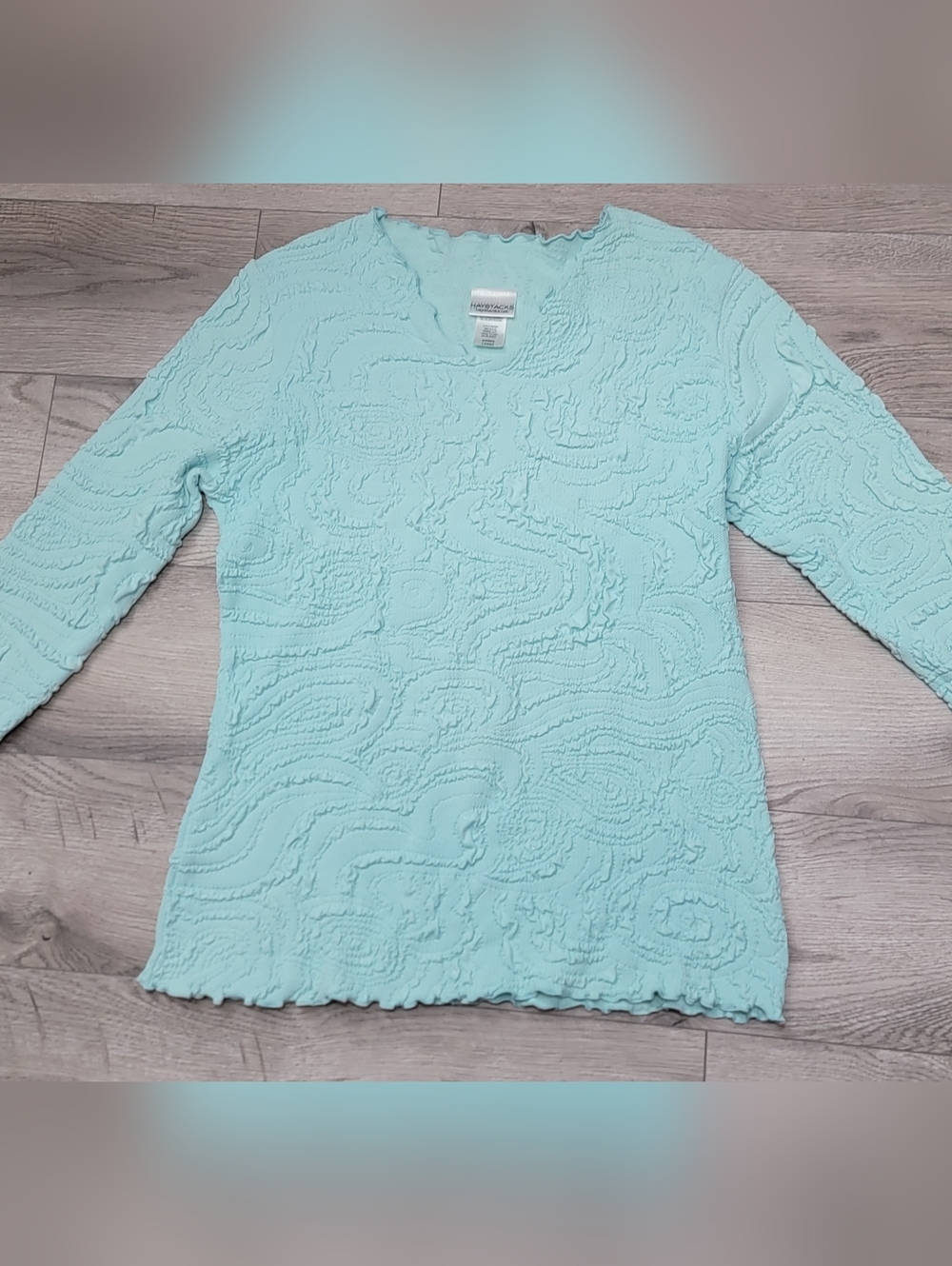 Haystacks Womens 3/4 Sleeve Surreal Textured Top Sz Large Teal Made In Michigan